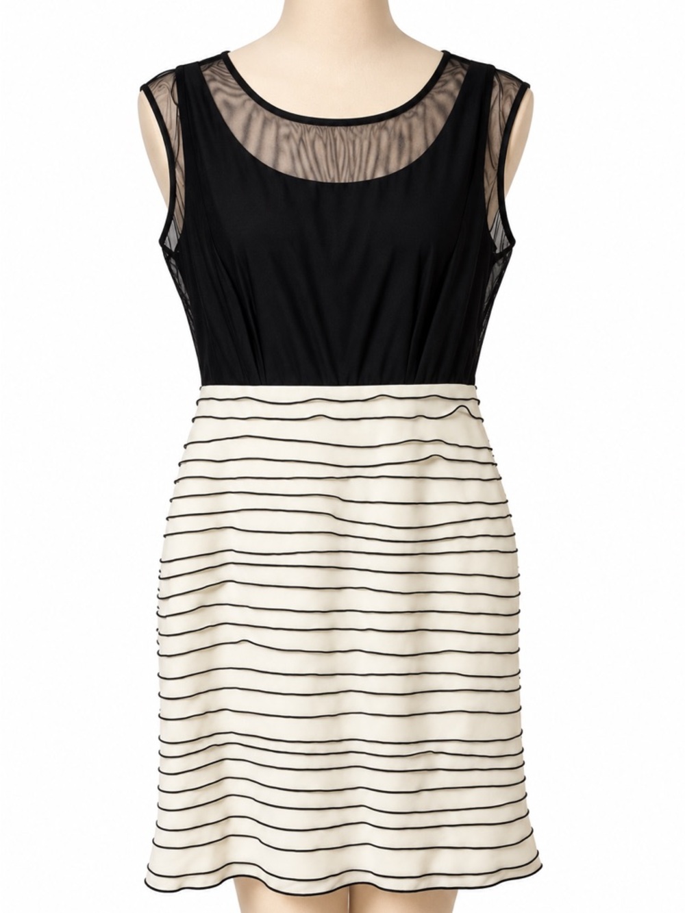 Sandra Darren Black Bodice Cream Striped Skirt Dress